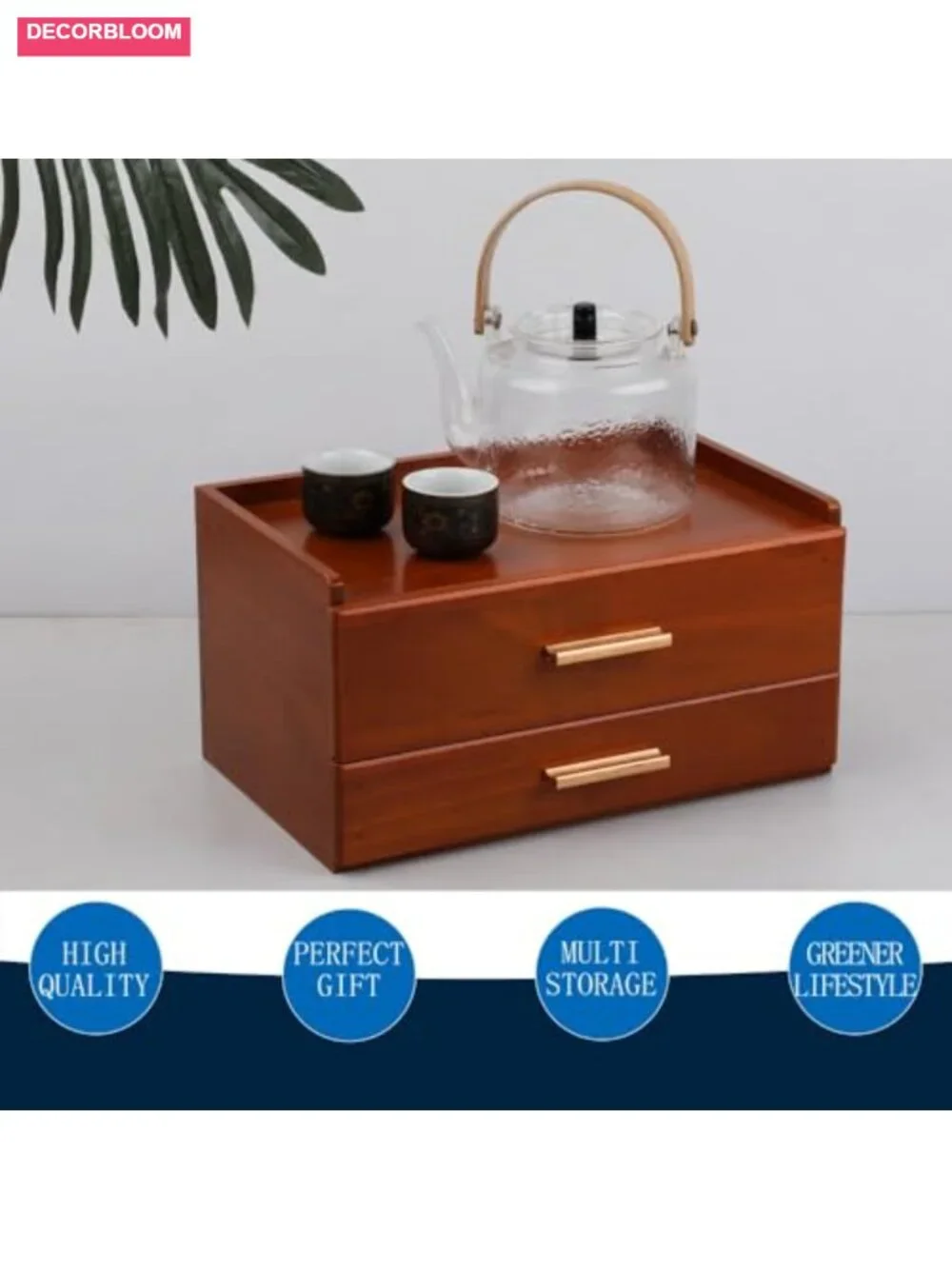 Solid Wood Tea Organizer with Drawer and 8 Compartments, Teabag Holder Storage